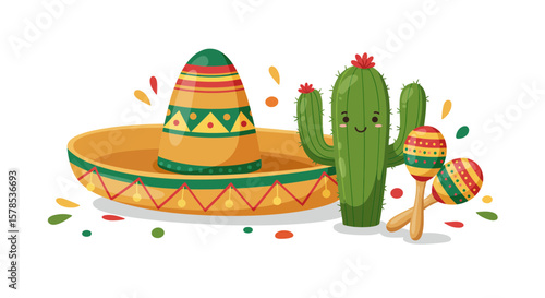 Celebrate Mexican culture with a festive design featuring a sombrero, cactus, and maracas perfect for invitations or party decor.
