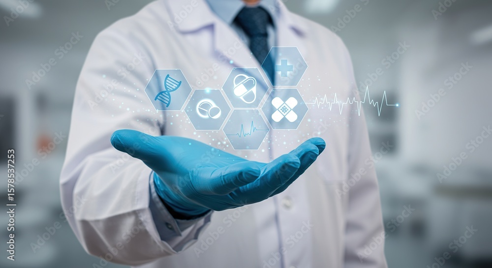 Doctor s gloved hand presenting medical icons and heartbeat line Doctor s gloved hand presenting medical icons and heartbeat line