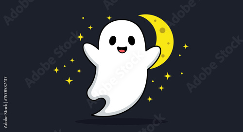 Cute cartoon ghost floats cheerfully under a crescent moon amidst twinkling stars, perfect for Halloween designs and spooky season promotions.