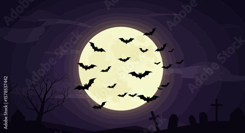 A spooky Halloween night scene featuring flying bats, a full moon, tombstones, and bare trees creating a mysterious and eerie atmosphere.