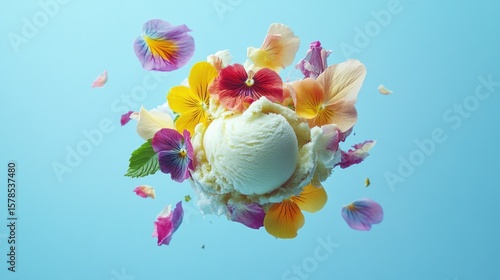 Ice cream sphere surrounded by colorful flower petals