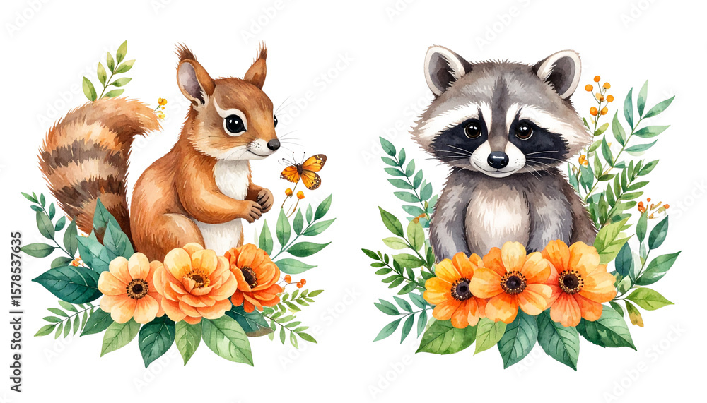 Obraz premium Watercolor illustrations of various animals with leaves and trees on a white background.