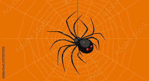 A spider hanging on its web, suitable for Halloween cards, posters, banners and other festive designs with orange background.