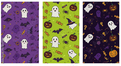 Three seamless Halloween designs featuring ghosts, pumpkins, bats, spiders, and candy creating a spooky and playful holiday background.
