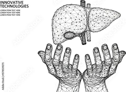 Liver health care concept digital polygon hands holding liver anatomy medical technology innovation