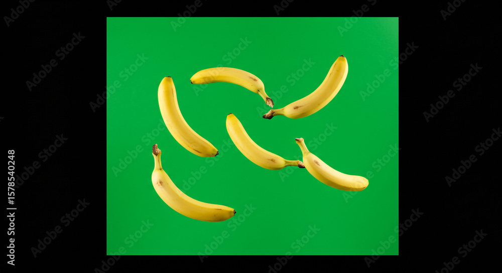 Obraz premium A vibrant image showcasing a collection of ripe yellow bananas against a green backdrop in a studio setting