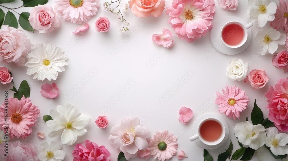 Obraz premium Beautiful Floral Arrangement with Tea on White Background
