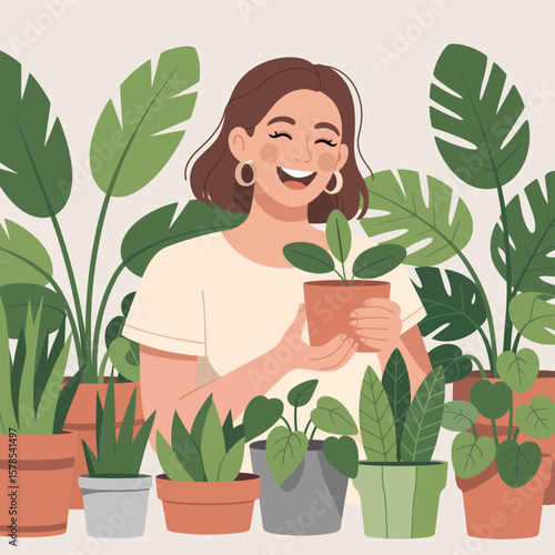 Happy Woman Surrounded by Houseplants