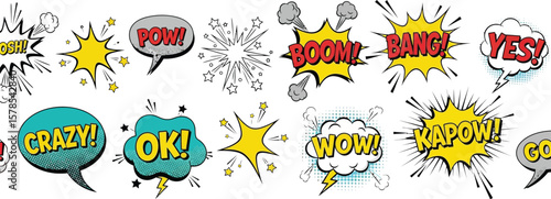 Comic book speech bubbles vector illustration set, pop art style elements, explosion sound effects design