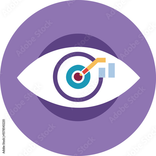 Vector art of an eye with a target and graph inside, symbolizing data analytics and strategic vision
