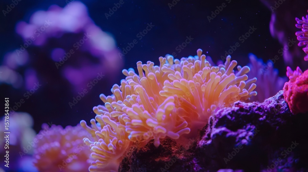 Fototapeta premium Vibrant coral polyps in an underwater scene illuminated by purple and blue light.