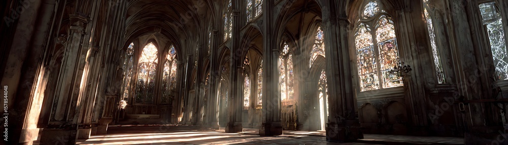 Fototapeta premium Interior of a gothic cathedral, sunlit and detailed.