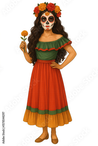 Woman in Orange and Green Dress with Sugar Skull Makeup and Marigold,clipart, cut out, no background ,PNG die-cut for advertising