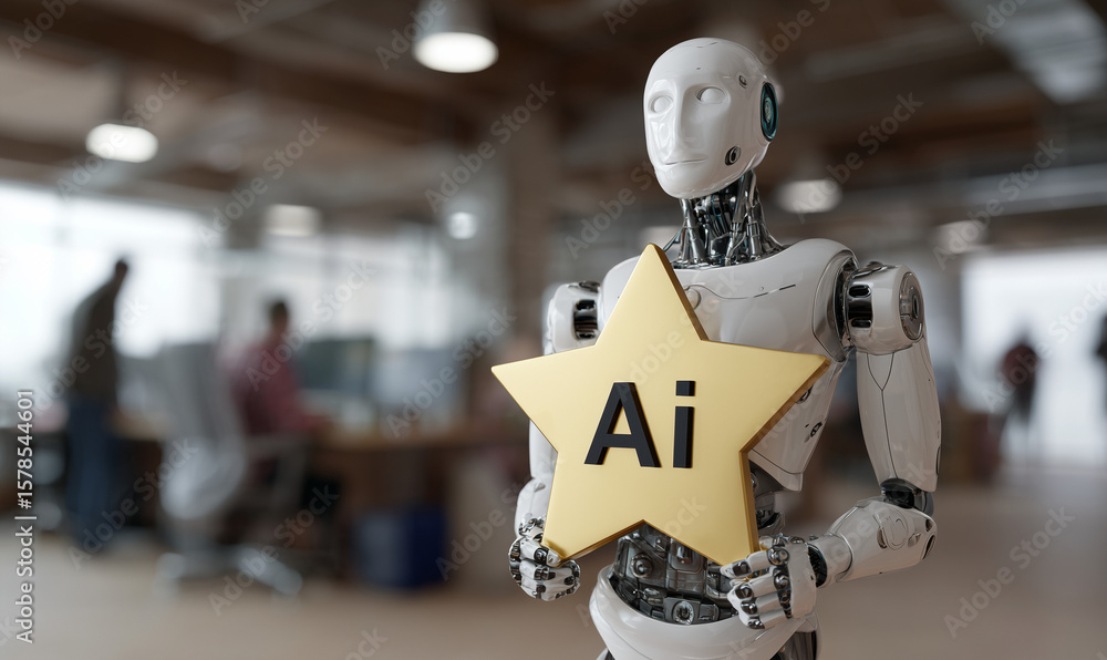 Fototapeta premium Humanoid stand in open office hold gold star awards write 