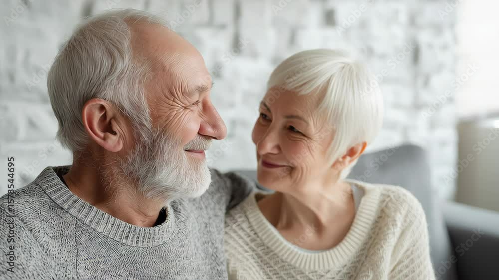 Elderly couple with gray hair and warm smiles, sitting closely together on a cozy couch, surrounded by soft lighting and a serene atmosphere, showcasing love and companionship in their golden years Elderly couple with gray hair and warm smiles, sitting closely together on a cozy couch, surrounded by soft lighting and a serene atmosphere, showcasing love and companionship in their golden years