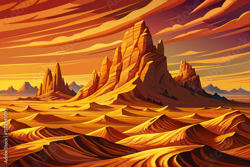 Amazing panoramic landscape of Erg Chebbi sand dunes in Western Sahara Desert, Morocco. Golden rippled sands, arid terrain, peaceful nature, dramatic sky, desert travel destination