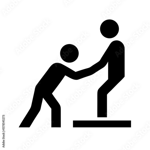 Person helping another person to climb steps, black icon illustration. Person helping another person requires supporting someone. Conceptual person helping another person for charitable foundations.