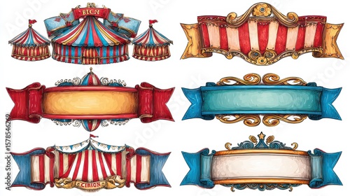 Old carnival circus banners and carnival labels vector set. Circus festival, arrow banner to entertainment illustration, no logos, no brands