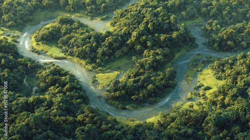 This image captures a stunning aerial view of a river meandering through a lush, dense, and expansive green forest, with sunlight filtering through the trees.