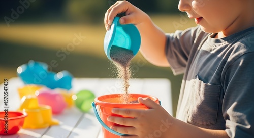 Young child actively engaged in creative DIY moon sand play outdoors, fostering joyful childhood development