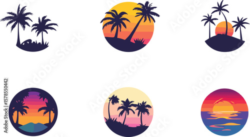 Tropical Palm Tree Sunset Silhouette Vector Set Beach Vacation Icons