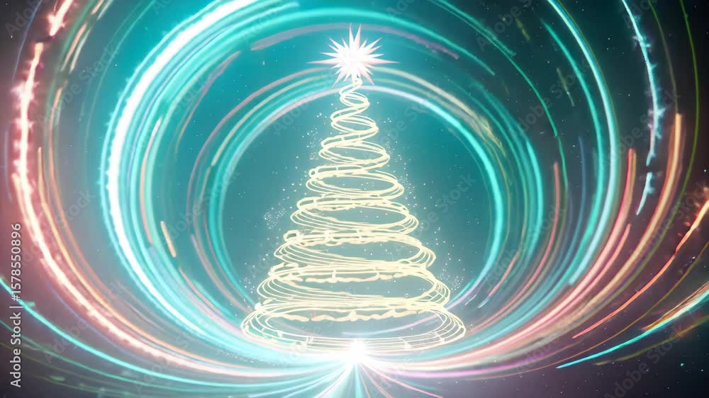 Glowing spiral Christmas tree with vibrant light trails. Festive animation
