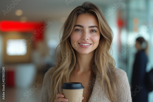 A young woman with long brown hair smiles while holding a takeaway coffee cup in hand.