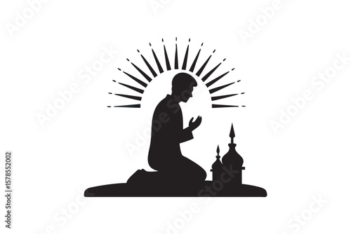 Silhouette of a Muslim Man Praying with Hands Raised Near a Mosque Symbolizing Faith Submission and Devotion to Allah in Islamic Tradition
