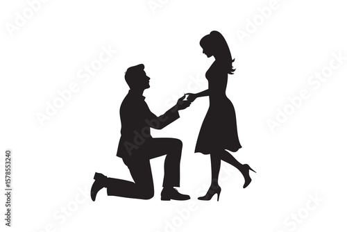 Silhouette of a Man Proposing Marriage to a Woman Kneeling and Offering a Ring Isolated on White Background for Graphic Design and Illustration Purposes