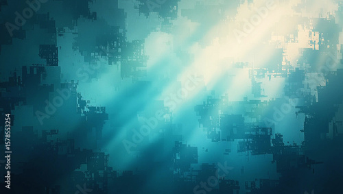 Abstract glowing light rays piercing through a dark textured digital landscape