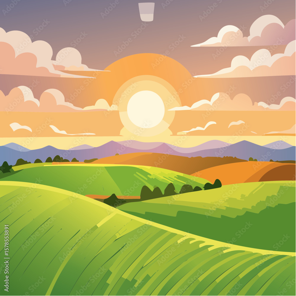 Fototapeta premium Aerial sunset view of green crop fields. Golden sun above horizon, dramatic sky