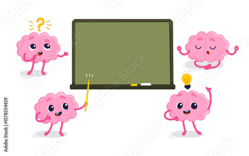 A collection of cartoon brain characters having a creative idea, exploring, meditating, pointing to the board, asking a question