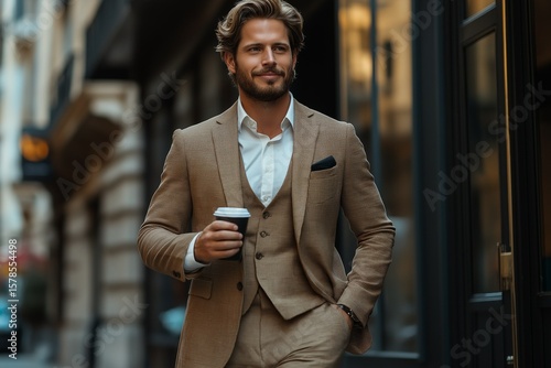 A man in a stylish suit holds a coffee cup while walking outdoors. 