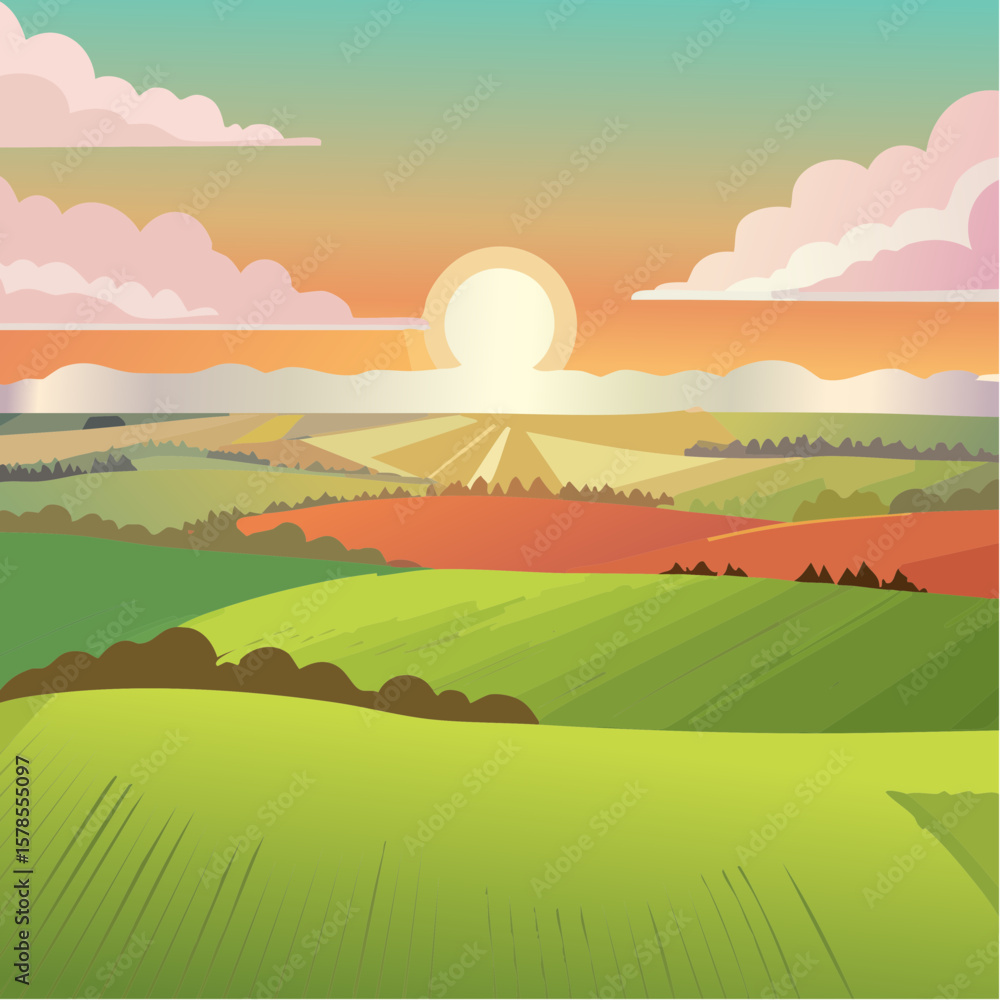 Fototapeta premium Aerial sunset view of green crop fields. Golden sun above horizon, dramatic sky