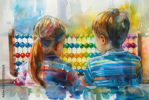 watercolor kids learning math with abacus and numbers .