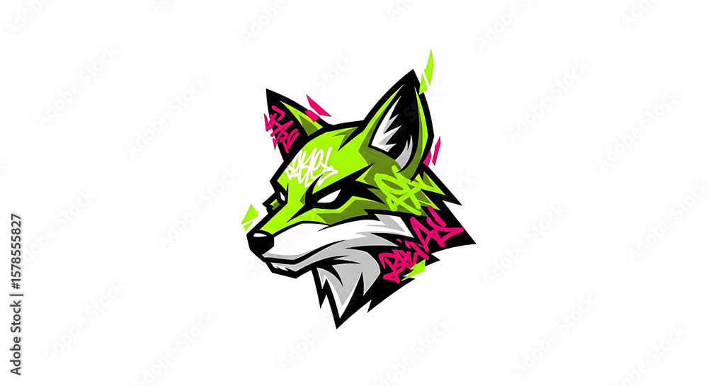 Obraz premium A stylized illustration of a fox head, rendered in shades of green, white, and pink, with graffiti-style accents on a white background.