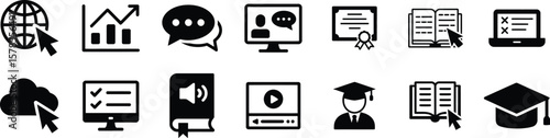 Online Learning Business Icons: E-learning, Communication, Education, Progress Vector Set