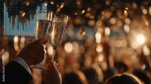 Celebrating Success: A captivating moment of celebration, with hands clinking glasses filled with bubbly champagne, set against a backdrop of festive atmosphere and the promise of financial growth.