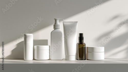 A Line-up of Generic White Unbranded Cosmetic Bottles and Tubes. Skincare Collection Mockup.