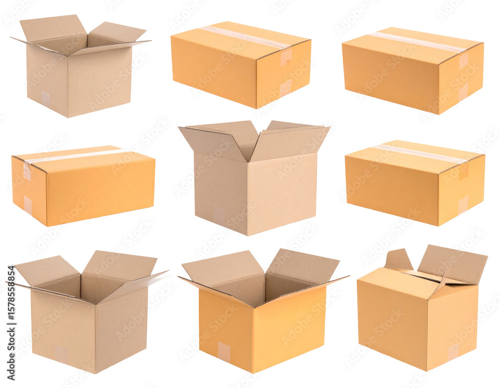 Fototapeta premium Assortment Of Cardboard Boxes Displayed Against Transparent Background With Various Perspectives Showing Open And Closed States