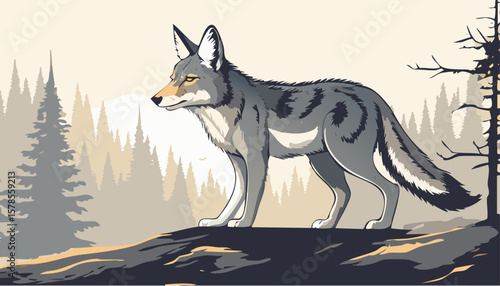 Nature illustration of a coyote surveying its surroundings, perfect for environmental storytelling and campaigns.