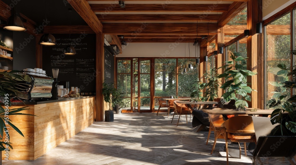 Fototapeta premium The interior of the coffee shop/café is modern and woodsy, giving it an open, modern style that makes it warm and welcoming to sip your coffee every morning. Ai generate.