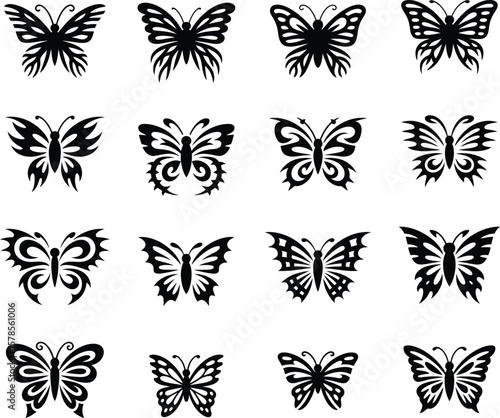Collection of Sixteen Butterfly Illustrations in Black Silhouette Style on White Background silhouette