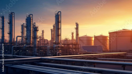 Industrial complex at sunrise or sunset steel structures tanks and pipelines manufacturing facility huge plant infrastructure industrial landscape