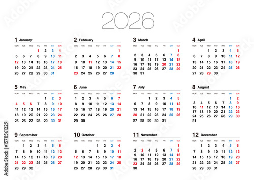 2026年の月曜始まりの年間カレンダーです。横位置