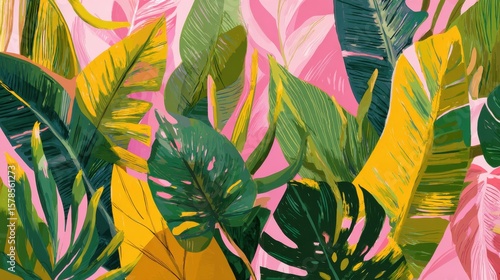 Tropical plants and Jungle background vector. colorful summer pattern design with topical foliage, arts brush and pink color. Modern wallpaper design for prints, poster, cover, cards and. homewares.,
