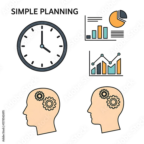 Visual representation of time management, data analysis, and strategic thinking concepts.