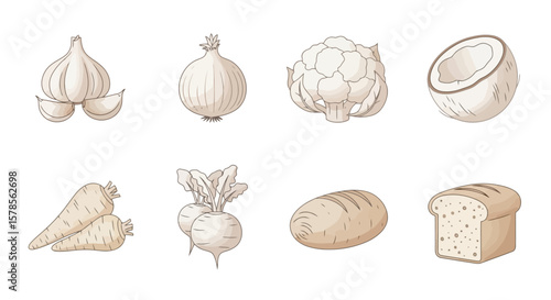 Monochrome Food Icons: Garlic, Onion, Cauliflower, Coconut, Carrots, Beets, Bread