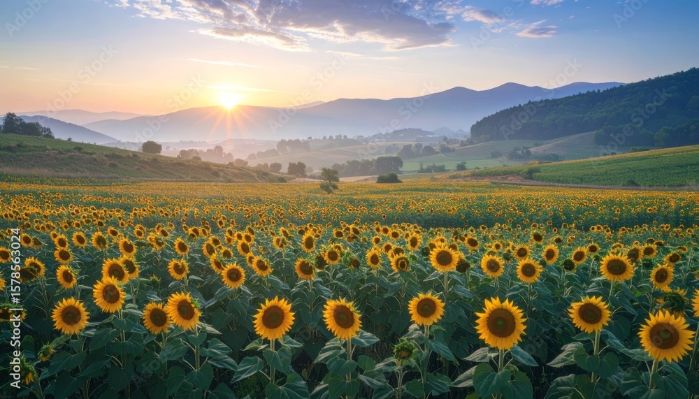 Obraz premium field of sunflowers at sunrise