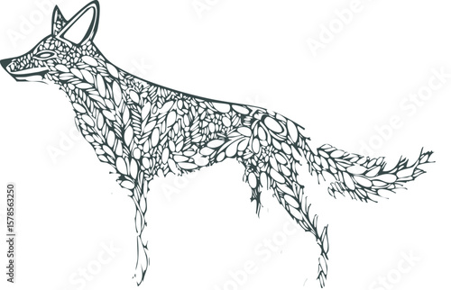 Artistic illustration of a golden jackal walking with lowered head and upright ears in a stylized side profile.